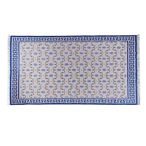 Modern Handmade Cotton/Wool Area Rug Blue Green Indian Dhurrie Rug Reversible Kilim Natural Dyed Eco Friendly Rugs Wall Tapestry
