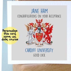 Tarjeta de felicitación personalizada de graduación universitaria. ¡Buena suerte en la universidad! Obtenga su título de maestría