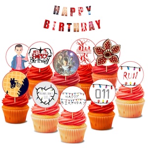 Op Stranger Things cult-verjaardagsviering geïnspireerde cupcake-toppers in digitaal formaat om zelf af te drukken DIY-ambachten