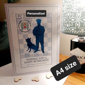 Très grande carte A4 RETRAITE DE POLICIER Carte de voeux de départ d'un nouvel emploi Insigne de policier de l'agent de police Tout le monde peut signer !