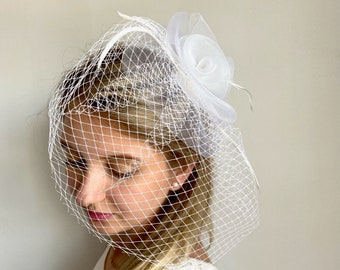 Bride Fishnet Rose Birdcage Veil / Bride Fascinator / Wedding Veil / Birdcage White Bridal piece / Bridal accessory / Bride headpiece