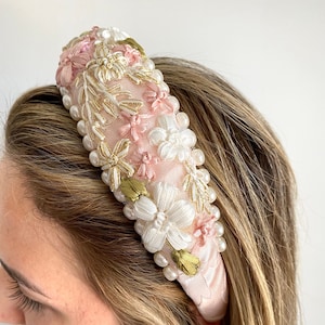 Embroidered Floral Padded Headband with Pearls | Pearl Headband | Raised Headbands for women | Floral Headband | Holiday Gifts
