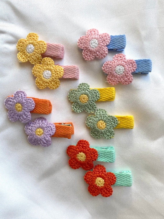 Madenie Daisy Crochet Hair Clips | Hand Knitted Hair Clips | Cute Crochet Hair Clips for Baby Girls 