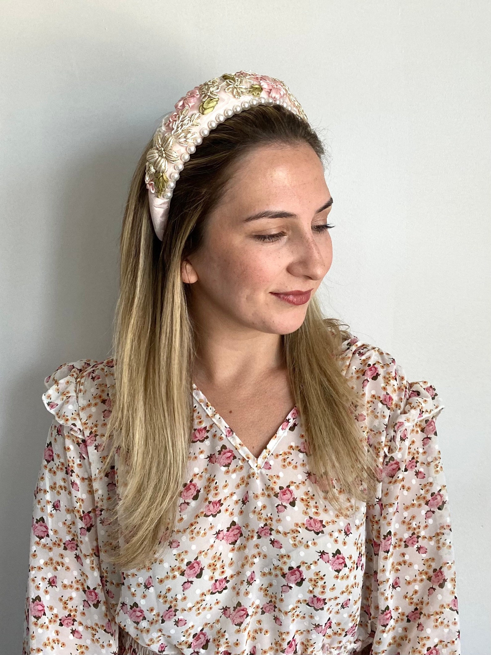 Embroidered Floral Padded Headband With Pearls Pearl Etsy