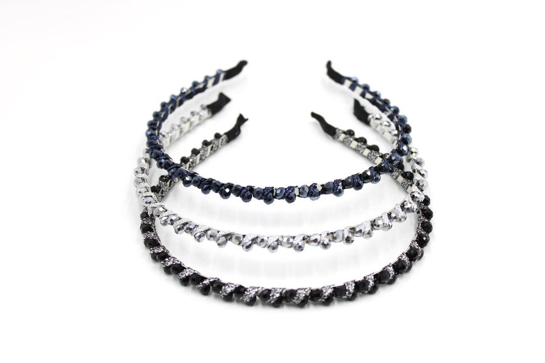 ★MEENDERI★(HANDMADE) FABRIC TWIST HAIR BAND - SILVER★人気 Twist Bead Headband / Thin Headbands / Silver Headbands