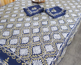 Ensemble de linge de table rectangulaire avec 8 serviettes de style oriental - Fil de soie brodé à la main, Dimensions (155 x 200) cm, Cadeau pour maman, Cadeau pour elle