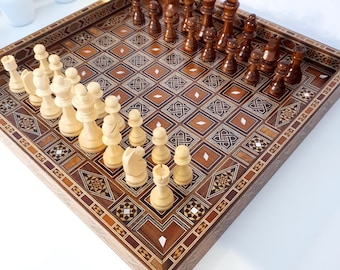 Handmade Chess Board/ Checkers Size 40x40 cm ,Wooden Chess pieces ,  hand carved Game board, Inlaid with mother of Pearl, Gift for him.