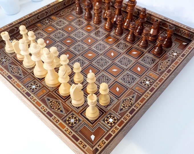 Handmade Chess Board/ Checkers Size 40x40 cm ,Wooden Chess pieces ,  hand carved Game board, Inlaid with mother of Pearl, Gift for him.