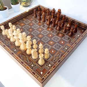 Handmade Chess Board/ Checkers Size 40x40 cm ,Wooden Chess pieces ,  hand carved Game board, Inlaid with mother of Pearl, Gift for him.