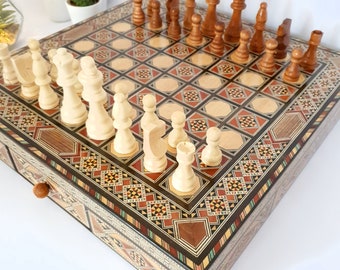 Handmade chess Board/checkers Size 40x40cm with two drawers, Wooden Chess pieces , hand carved Game board, Gift for husband.