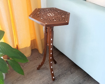 Side table, Vintage coffee table, Wood table,Hand carved made of walnut Inlaid Mother of Pearl , Table decor nature, Entryway table.