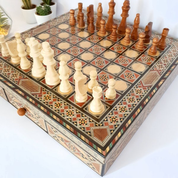 Handgemaakt schaakbord/dammen Maat 40x40cm met twee laden, Houten schaakstukken, met de hand gesneden spelbord, Cadeau voor echtgenoot.