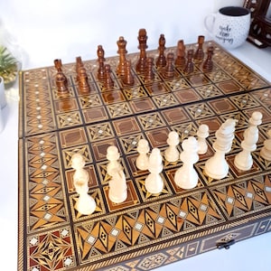 Chessboard ,Backgammon, Checkers ,Large Size,Handmade, Mosaic made of walnut as well as mother of Pearl,Christmas gift,Gift for husband.