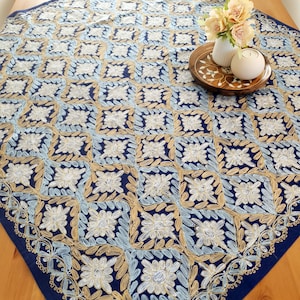Tablecloth Ivory Linen fabric , Hand Embroidered Silk Thread, square shape.Size 100X100 cm, Gift for Mom, Christmas gift