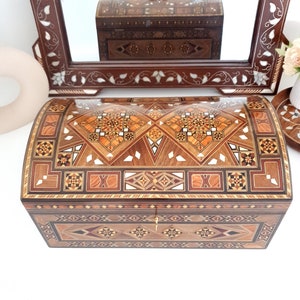 Wooden Jewelry box/Chest with Lock ,Organizing box with 2 layers,Removable Tray&Divider, Gift for her,Mosaic box inlaid with mother of pearl