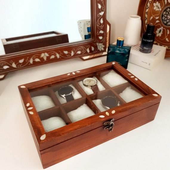 Inlaid Pearl Wooden Watch Box: 8-Slot,Soft Velvet Pillows ,Jewelry Organizer, Size 30x20cm