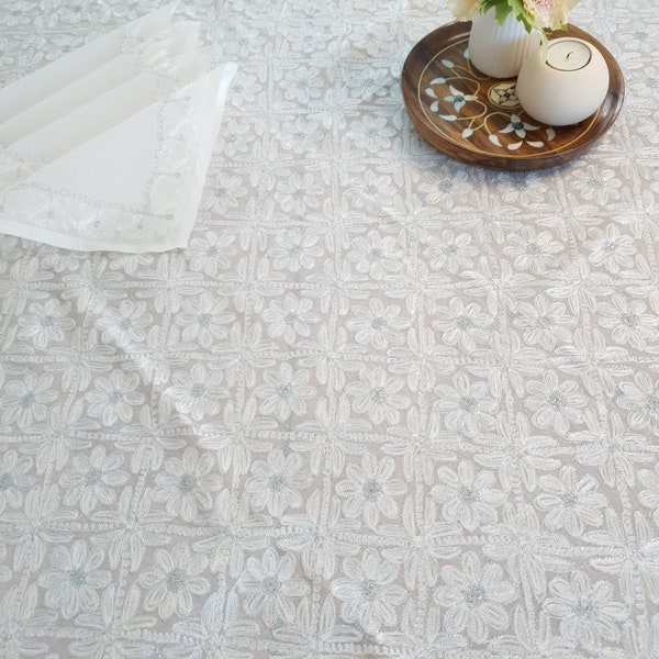 Organza Tablecloth with 4 Napkins, hand embroidery, square shape. Size 107X110 cm,  Home Decor, Gift for Mom, Christmas gift