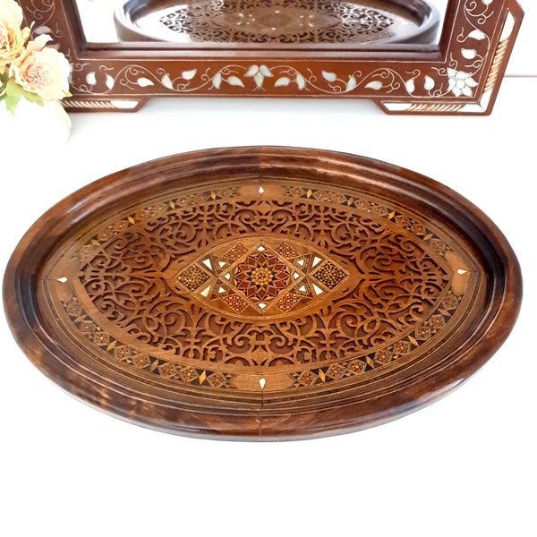 Oval Tray of mosaic wood inlaid with seashells and engravings Handmade serving tray for preparing coffee .Moroccan Style, Decorative tray.