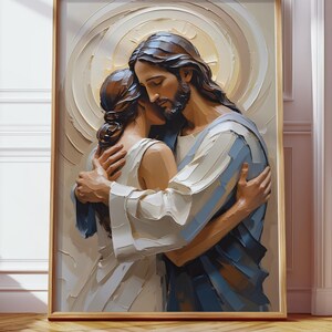 Jesus Hugging Women, Christian Printable Wall Art,Religious Painting, His Love, Jesus with a Girl, Bible Printable