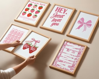 Girls Christian Wall Art Set of 6, Pink Nursery Decor Strawberries Cute Girly Bible Verse Prints,Amen, Jesus Loves You, Fruit of the Spirit