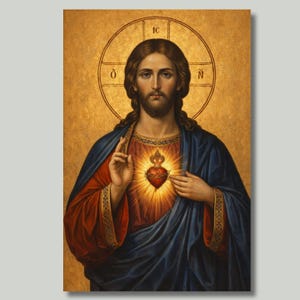 Icono del Sagrado Corazón de Jesús, arte de pared imprimible / Descarga digital cristiana católica / Estilo bizantino dorado