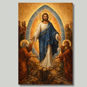 May include: A religious painting depicting a central figure in white and blue robes, surrounded by a golden halo and figures in red and gold garments. The artwork has a classical style and is set against a warm, golden background.