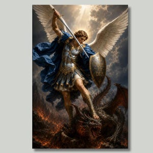 Op de afbeelding: Een gevleugelde figuur in zilveren harnas en blauwe mantel houdt een zwaard omhoog en een schild met de Latijnse tekst QUIS UT DEUS. De figuur staat op een donkere, geschubde draak te midden van een landschap met gloeiend oranje vulkanisch vuur.
