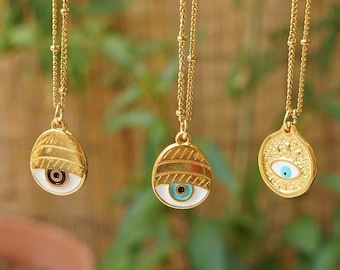 Gold Dainty Evil Eye Protection pendant, Beaded gold stainless steel chain necklace modern enamel pendant layered stacking boho lucky charm