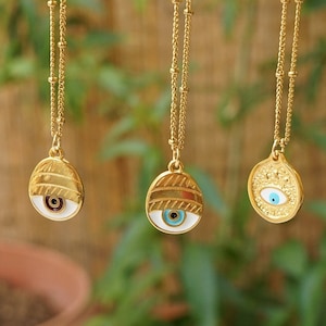 Gold Dainty Evil Eye Protection pendant, Beaded gold stainless steel chain necklace modern enamel pendant layered stacking boho lucky charm image 1