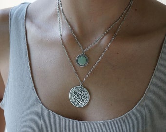Set of 2 silver coin pendant necklaces, bohemian boho coin charm necklaces, layered stacking dainty geometric hippie jewelry, gift for her