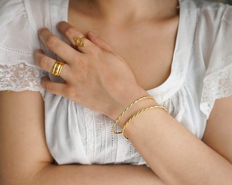 Gold dainty braided bangle, minimalist gold wire braid stacking bracelet, geometric dainty hippie boho delicate minimalist, free people image 3