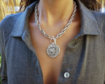 Athena goddess coin pendant silver t-clasp locket necklace, grecian medallion ancient greek jewelry, chunky chain choker, gift for her