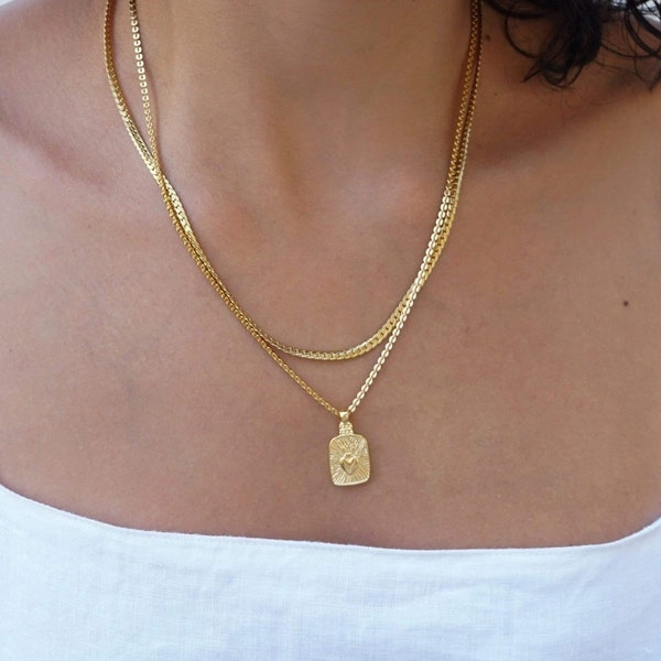 Rectangular mexican heart pendant wt gold sequin crossed chain, stacking layered boho necklace bohemian dainty, valentine gift for her