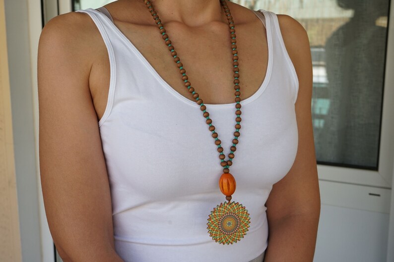 gift summer boho hippie jewelry Rainbow wooden bead flower pendant necklace Long lightweight necklace Authentic Greek beaded necklace