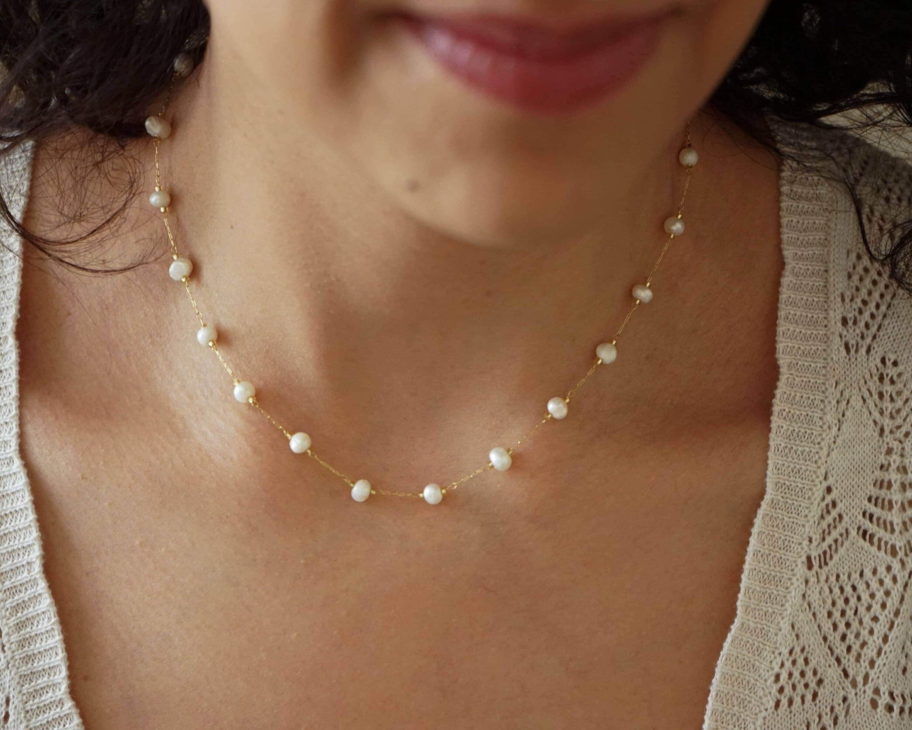Natural White Pearl & Gold Stainless Steel Rosary Necklace. -  Israel