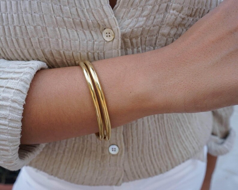 Gold shiny thick round bangle cuff, circle shaped stacking bracelets, simple ethnic minimal arm party bangle, boho bohemian hippie dainty image 7