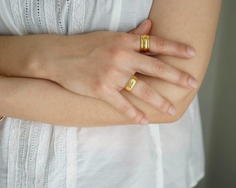 Antique gold floral pattern engraved band ring, gypsy bohemian minimal midi statement thumb ring, boho thin band stackable minimalist ring