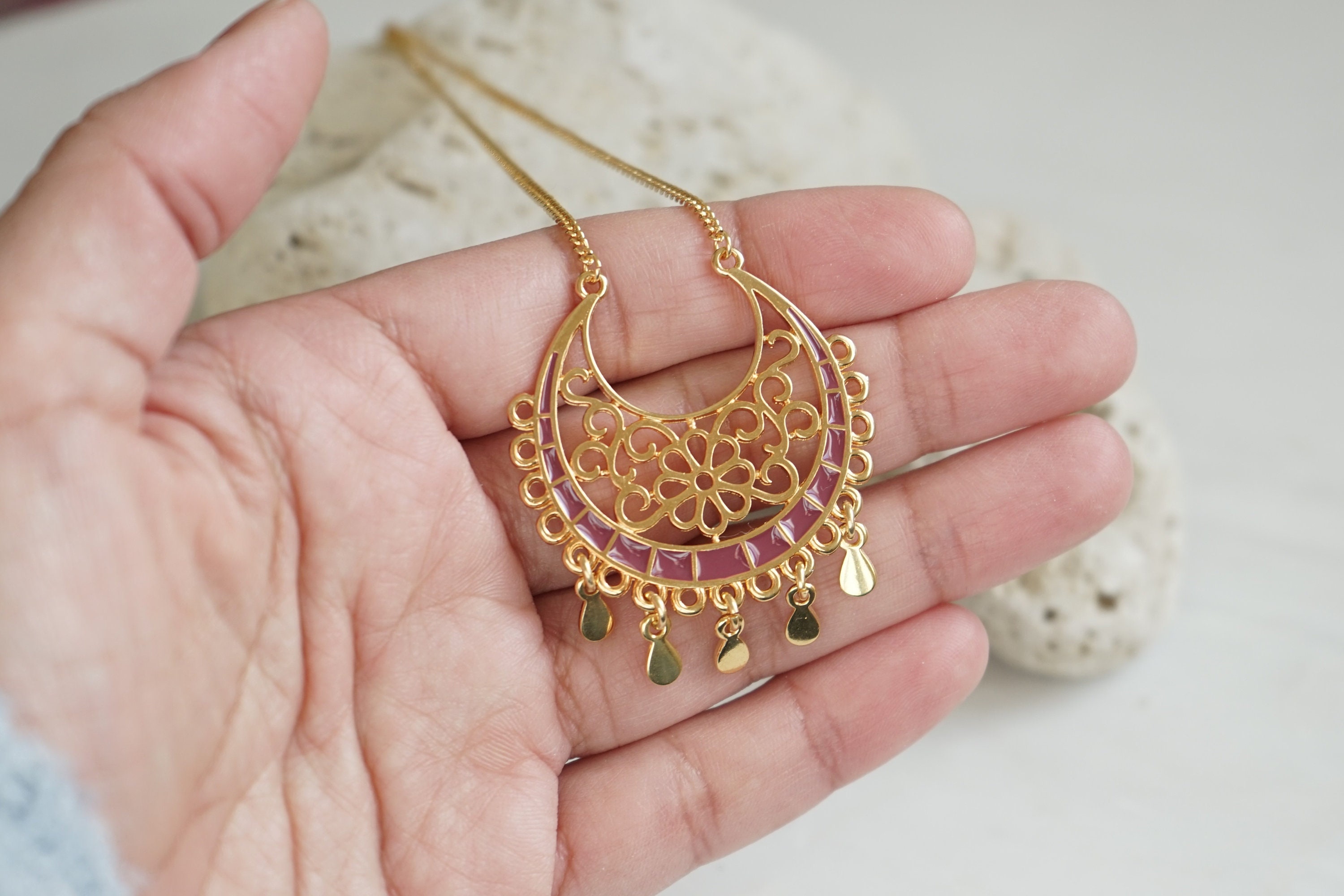 Gold Indian inspired mandala flower pendant necklace,tassel necklace
