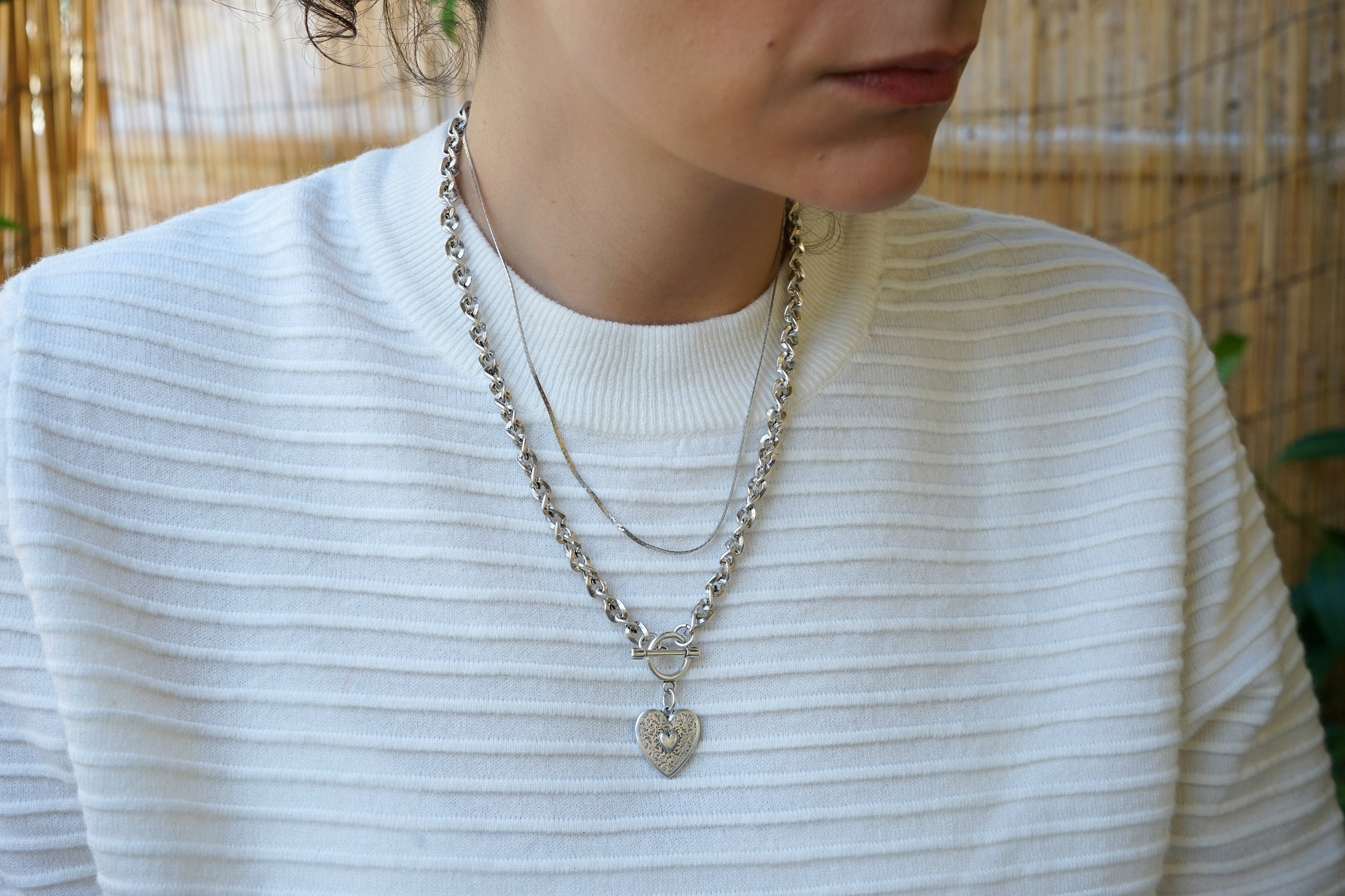 Silver thick chain locket necklace with an ENGRAVED HEART pendant