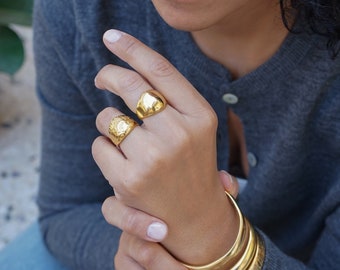 Gold dainty bold floral dome ring, sade bold ring, organic shape adjustable ring big stacking delicate minimal layered 24k gold plated ring