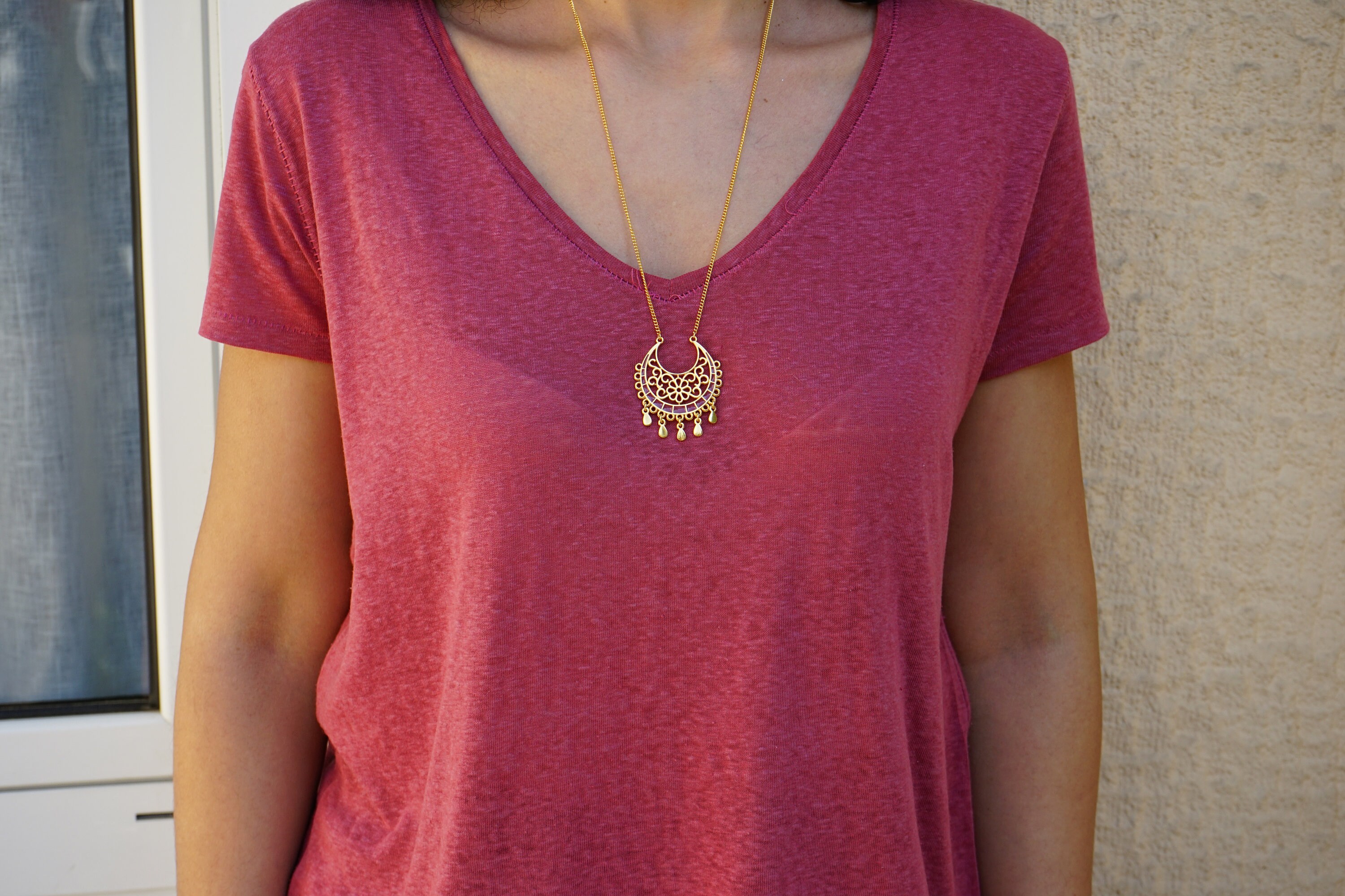 Gold Indian inspired mandala flower pendant necklace,tassel necklace