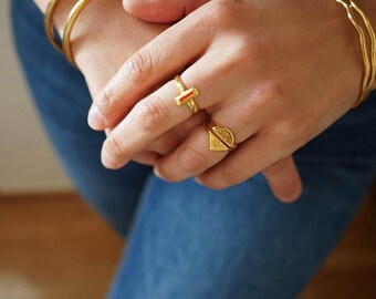 Gold plated rising sun ring, oval/triangle sun ethnic egyptian gypsy bohemian minimal statement ring, thin band stackable minimalist ring