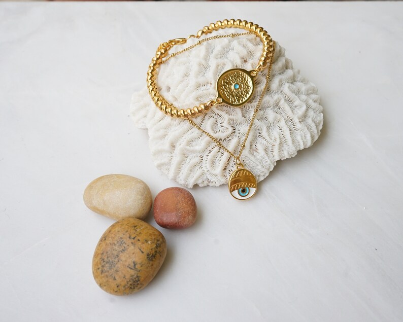 Gold Dainty Evil Eye Protection pendant, Beaded gold stainless steel chain necklace modern enamel pendant layered stacking boho lucky charm Blue-White