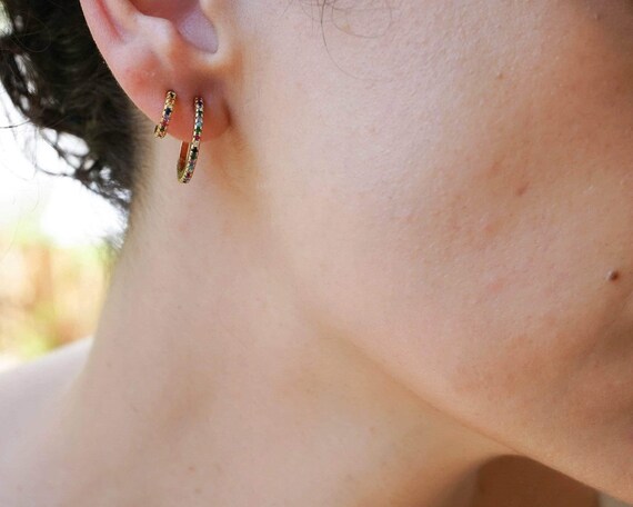 Gold Rainbow Cz Tiny Open Hoop Earrings, Small Huggies