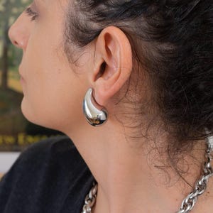 ★MIDNIGHT MOMENT.★ bold hoop earring silver Silver Bold Earrings, Silver Drop Shape Hoops Chunky Dome