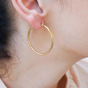 Classic gold hoop earrings, large gold stainless steel hoops, lightweight everyday hoop, dainty geometric minimal bohemian stacking earrings
