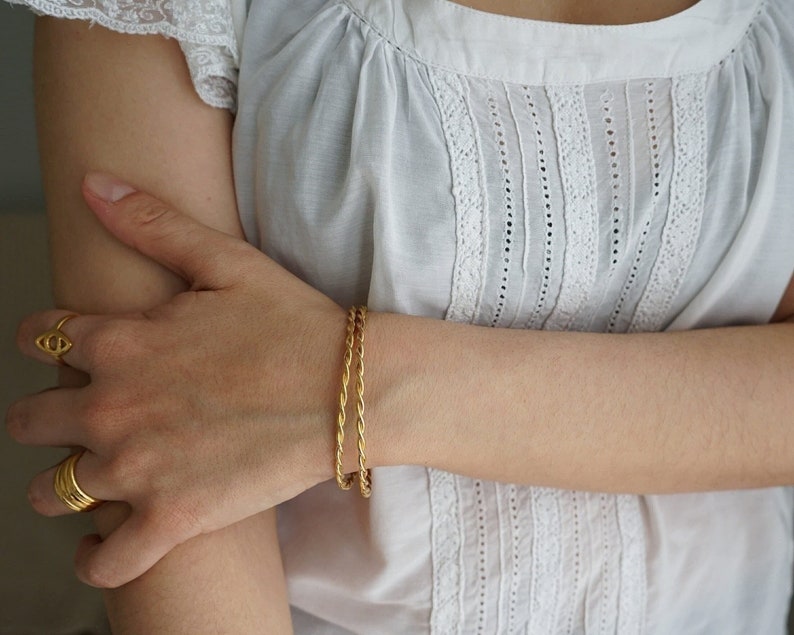 Gold dainty braided bangle, minimalist gold wire braid stacking bracelet, geometric dainty hippie boho delicate minimalist, free people image 4