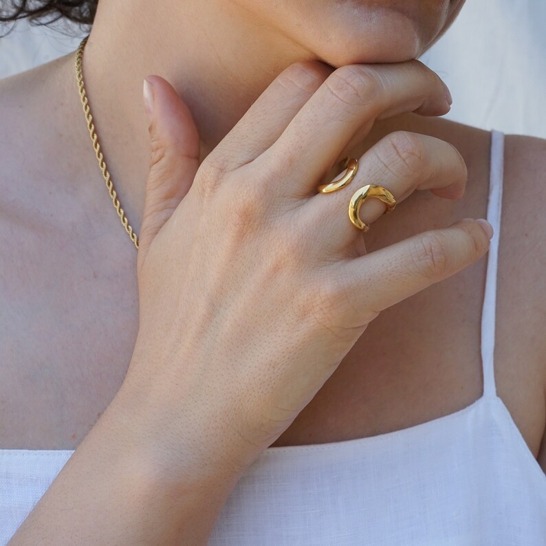 Gold hammered minimalist organic wrap ring, 24k gold plated modern dainty boho abstract stackable adjustable ring, gift for her us size 7-8 image 1