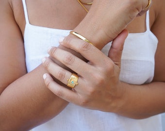 Anello ROMBO etnico in oro, anello minimal Boho etnico nero/turchese placcato oro 24K, regalo per lei, tribale etnico, delicato anello yoga di meditazione