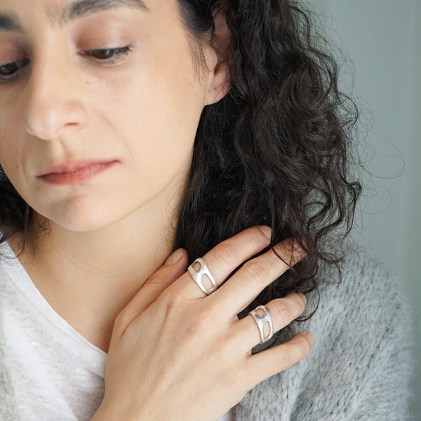 Antique silver soft cut-out ring, organic shape adjustable layer ring, stacking delicate minimalist flowing design ring, layered chic ring